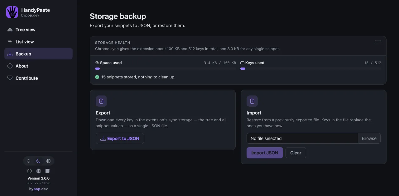 HandyPaste backup page showing storage health, JSON export and JSON import