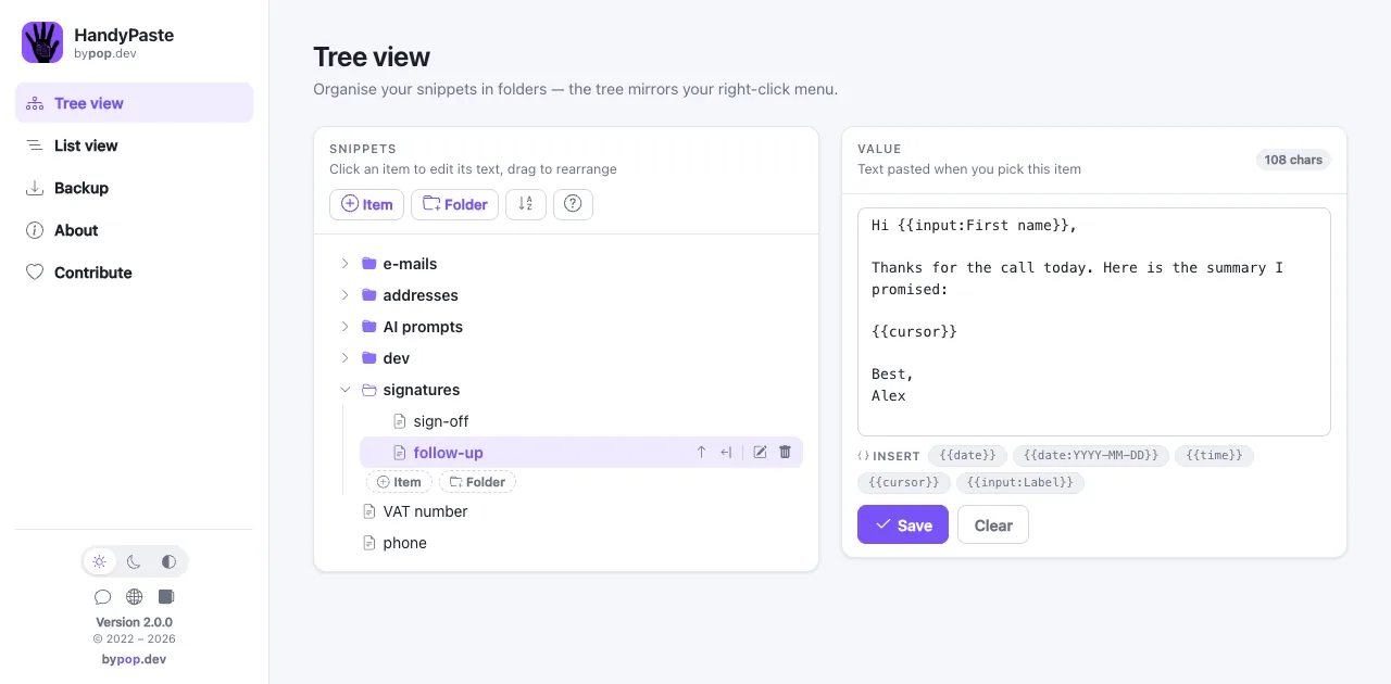 HandyPaste options page: a folder tree of snippets on the left and the snippet editor with placeholder buttons on the right