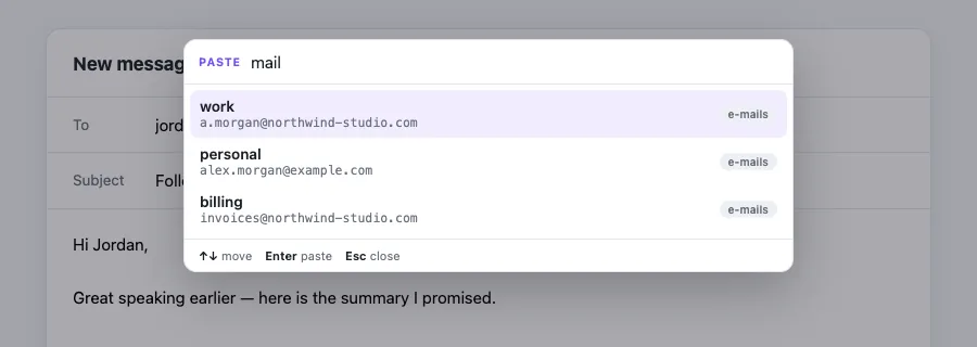 HandyPaste keyboard picker overlay searching for 'mail' and listing work, personal and billing email snippets