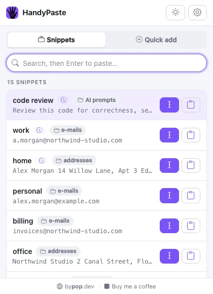 HandyPaste toolbar popup with a search box and a list of snippets, each with paste and copy buttons