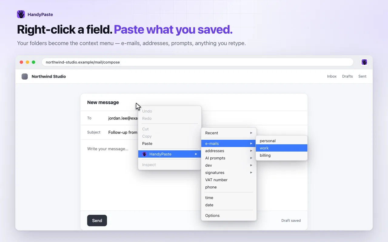 HandyPaste right-click menu open over an email compose form, showing folders for emails, addresses, AI prompts and signatures