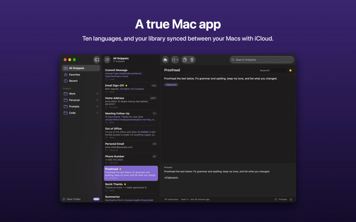 A true Mac app: Ten languages, and your library synced between your Macs with iCloud.