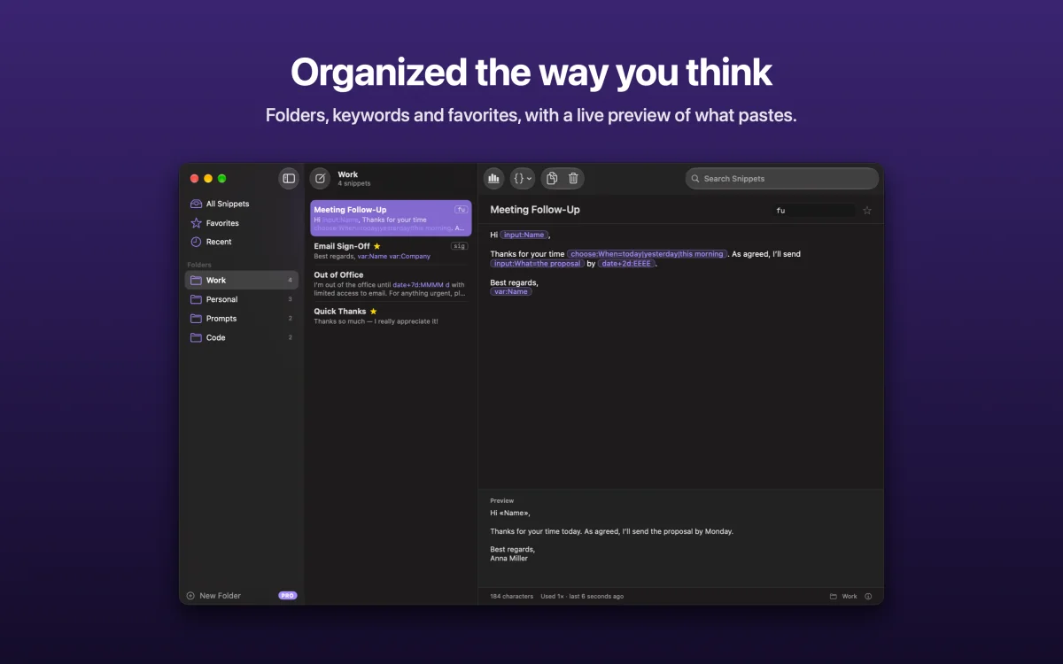 The HandyPaste library window: folders on the left, snippets in the middle, and the editor with placeholder chips and a live preview