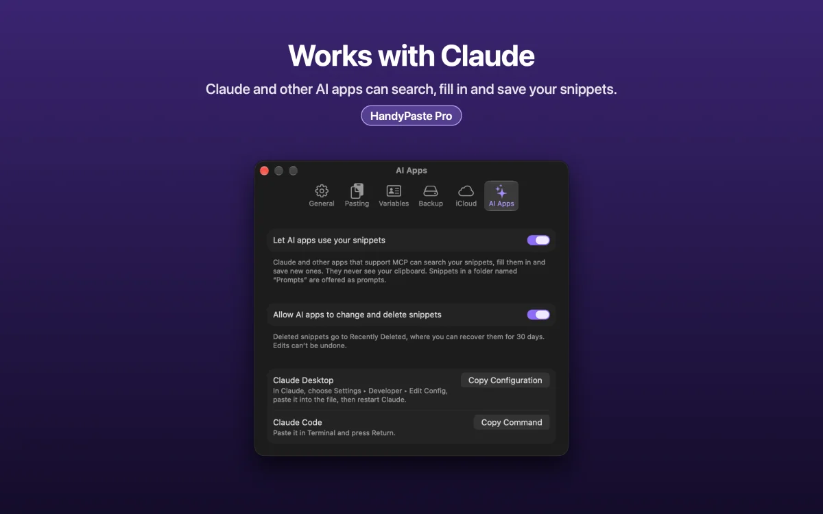 HandyPaste's AI Apps settings: let AI apps use your snippets, with one-click setup for Claude Desktop and Claude Code